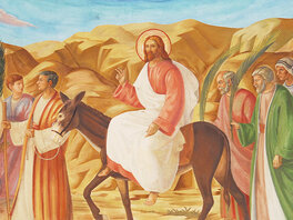 Jesus auf einem Maultier und ein Gefolge mit Palmwedeln.