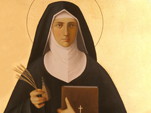 Darstellung der heiligen Hildegard von Bingen mit Zweig und gefülltem Fläschchen in der rechten Hand und einem Buch gehalten links an der Brust.