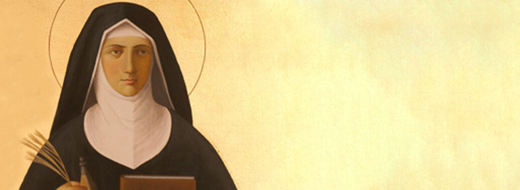Darstellung der heiligen Hildegard von Bingen mit Zweig und gefülltem Fläschchen in der rechten Hand und einem Buch gehalten links an der Brust.