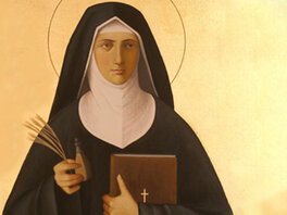 Darstellung der heiligen Hildegard von Bingen mit Zweig und gefülltem Fläschchen in der rechten Hand und einem Buch gehalten links an der Brust.