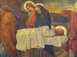 Fresko des Begräbnisses Jesu. Jesus in weißem Grabtuch wird auf Barre zu Grabe getragen. Zu sehen Maria und weitere Heilige.