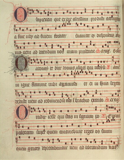 Noten und Text der Antiphonen "O sapientia", "O Adonai" und "O radix Jesse" im Antiphonale von Poissy