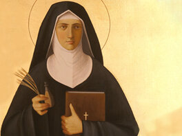 Darstellung der heiligen Hildegard von Bingen mit Zweig und gefülltem Fläschchen in der rechten Hand und einem Buch gehalten links an der Brust.