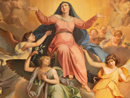 Maria auf einer Wolke umgeben von Engeln, mit den Armen und Blick nach oben gerichtet.