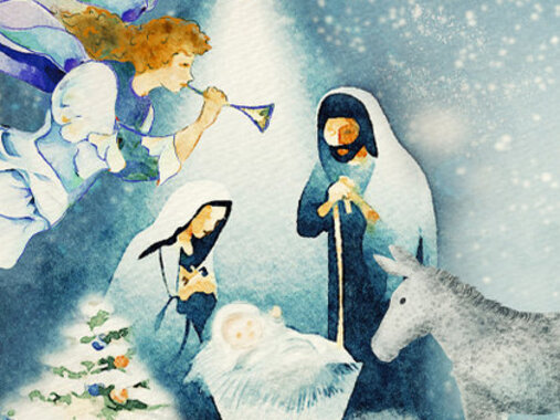 Aquarell. Maria, Josef, Christuskind, Engel mit Trompete und Esel und Tannenbaum in weißer winterlicher Umgebung.