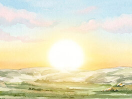 Aquarellbild Sonnenaufgang in einer Steppe