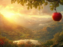 Apfel mit Garten Eden im Hintergrund
